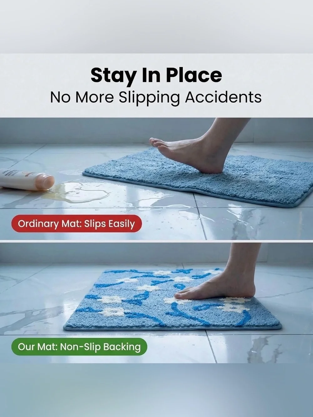 Floral Blue Bath Mat - Set of 2 Absorbent Bathroom Rug with White Daisies 31X20